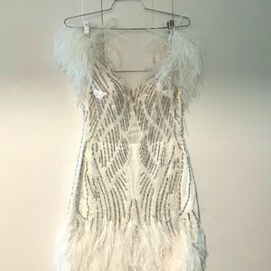 Elegant White Feathered Mini Dress